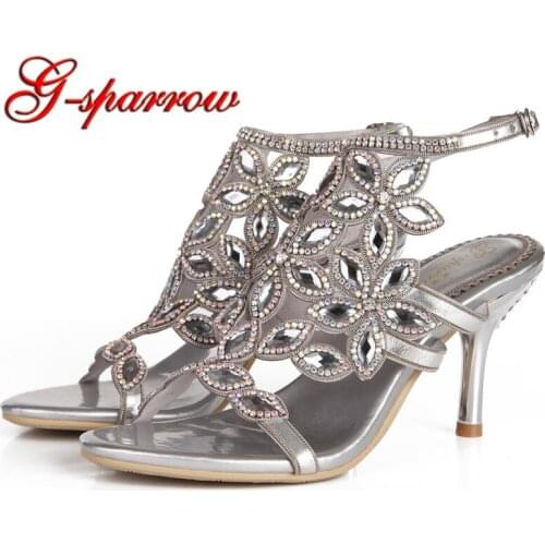 Rhinestone Roman Sandals Summer High Heel Women Shoes Stiletto Heel Cinderella Prom Shoes Silver Black Purple Gold Color