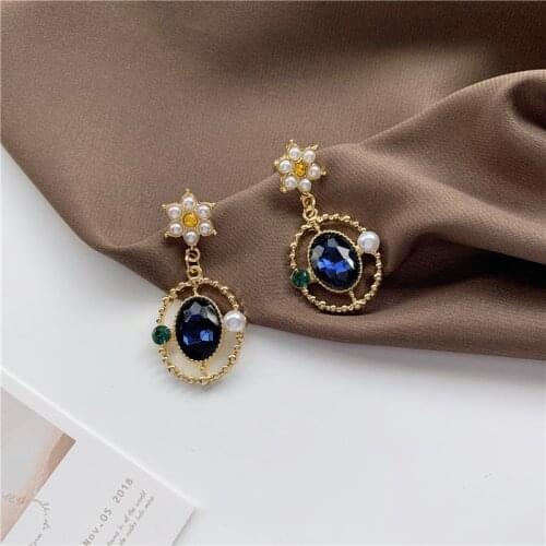Korean Style Retro Palace Crystal Blue Stone Clip on Earrings Baroque Simple Pearl Flower Clip Earrings No Pierced Women Party