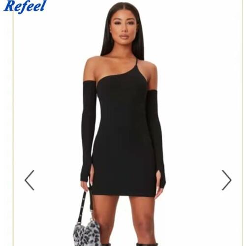 Sexy Bodycon Club Party Dress Women 2021 Solid Elastic One Shoulder Slim Summer Short Dress Elegant Black Long Sleeve Mini Dress