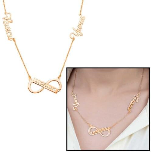 Tesbihane Personalized Name/Date Written Rose Color 925 Sterling Silver Infinity Necklace