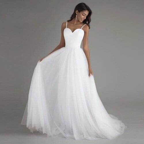 A-line White Tulle with Sashes Boho Bridal Gown Spaghetti Strap Beach Wedding Dresses