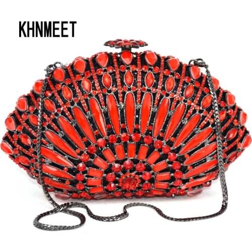 Red stripe Crystal Evening Luxury Clutches prom Bag Shell sparkly diamante banquet handbag with chain Wedding Party Purse SC011