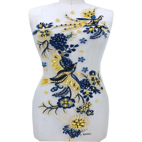 Handmade yellow Hot drilling Rhinestone lace embroidery patch applique wedding dress bordados DIY Performance clothing