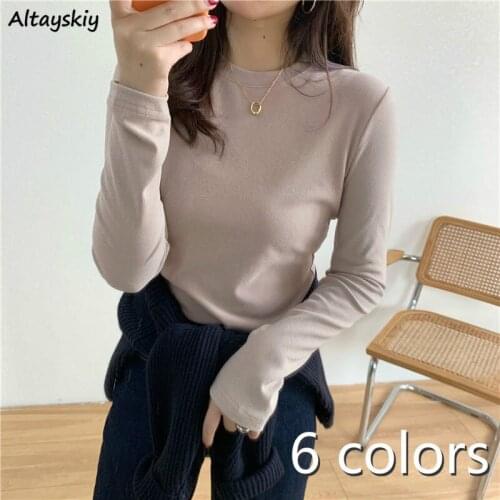 T-shirts Women Solid Simple All-match Slim Long Sleeve Elegant Ladies Thicker Plus Velvet Warm Soft Ins Autumn O-Neck Basic Chic