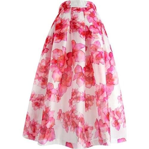2021 summer vintage pink printed Organza ball gown skirt women high waist kne length skirt