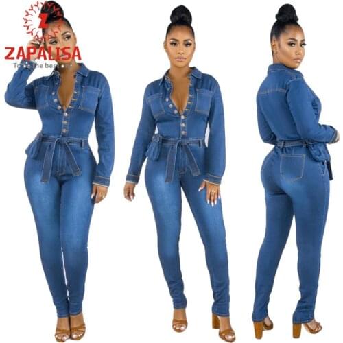 Women Summer Denim Jumpsuits Single-Breasted Design Bandage Decor Turn-down Collar Long Sleeve High Waist Slim Hips Jumpsuits