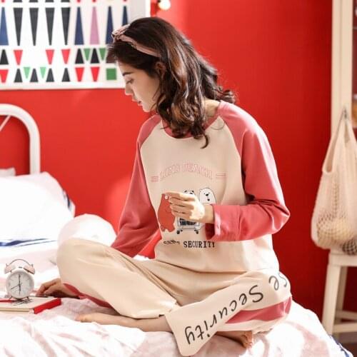 Women 2019 spring cotton female Korean long sleeve pants new casual cute cartoon two piece women pajama sets womens pajama set