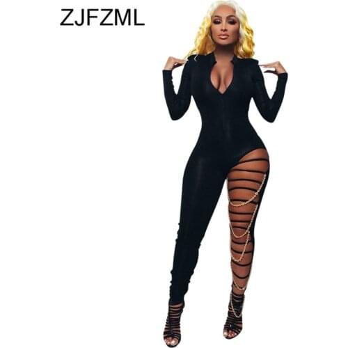 Chain Hollow Out Slim Romper Womens Jumpsuit Deep V Neck Long Sleeve Night Club Party Catsuit Streetwear Black One Piece Overall