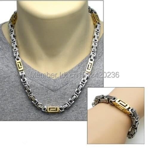 2020 Best Sale Gold Square Link Chain Necklace & Bracelet Set Stainless Steel Mens Jewlery Set 6mm wide Free Shipping