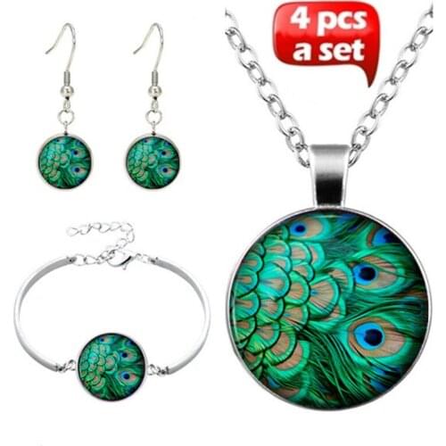 4Pcs/Set New Fashion Handmade Glass Creativity Peacock Feathers Pendant Choker Necklace Bracelet Earrings For Women Accessories