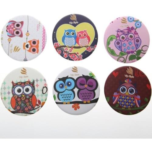 6pcs 75mm Exquisite plastic Portable pocket mirror round shape foldable makeup mirror cute owls design Cosmetic mirrors