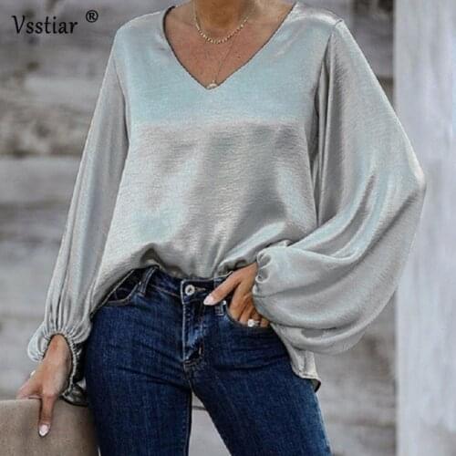 Women Stain Blouse Shirt New Fashion Long Lantern Sleeve Shirts Sexy Plus Size V Neck Casual Loose Party Ladies Slik Tops
