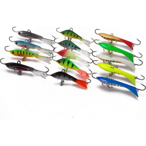 CATCHSIF Ice Fishing Sinking Jigs with Fixed Nose and Tail Hooks Center Treble Tackle Box 15pcs