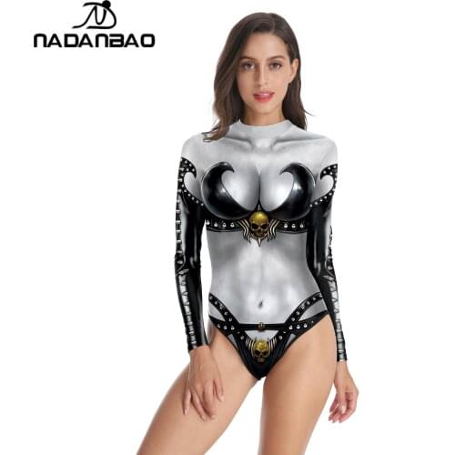 NADANBAO Halloween One-Piece Swimsuit Lady Death Cosplay Printed Long Sleeve Surfing Suit Sexy Swimming Suit for Women