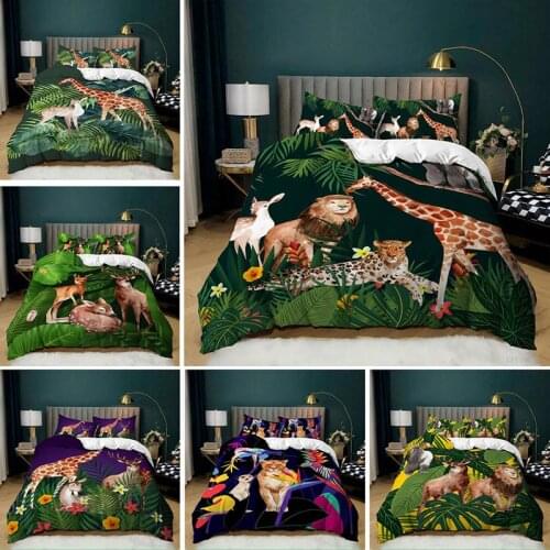 Jungle Animals Duvet Cover Set Twin Size Exotic Cheer Natural Habitat Illustration Decorative 2/3pcs Bedding Set with Pillowcase