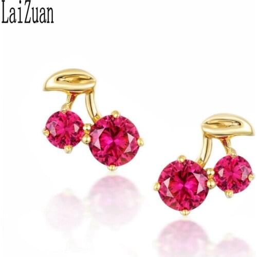 LaiZuan Solid 18K (AU750) Yellow Gold Round Genuine red Topaz Stud Earrings For Women Girl Trendy Cute Fine Jewelry Elegant Gift