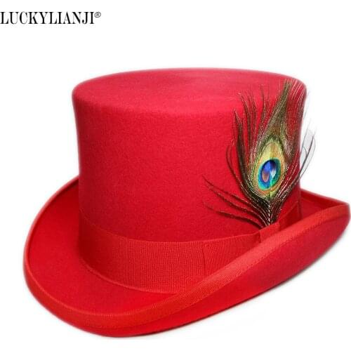 LUCKYLIANJI 4 Size Womens Mens High Round Flat Top Real Peacock Hair Wool Felt Magician President Lincoln Gentleman Bowler Hat