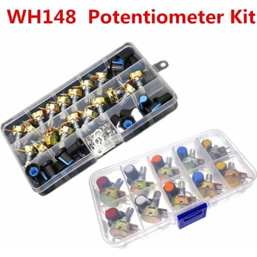 10values WH148 Potentiometer Kit B1K 2K 5K 10K 20K 50K 100K 250K 500K 1M 15mm Linear Taper Rotary Resistor Set 3pin With Cap