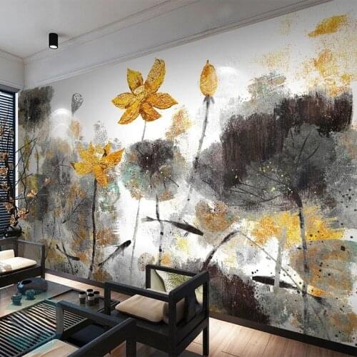 Custom Mural Wallpaper New Chinese Style 3D Ink Lotus Golden Flower Decorative Painting Living Room TV Background Wall 3D Murals
