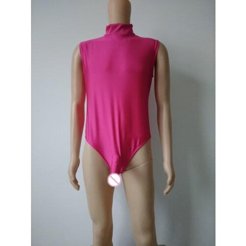 Rose red color mens sexy half Body spandex jumpsuits catsuit with penis sheath back zipper