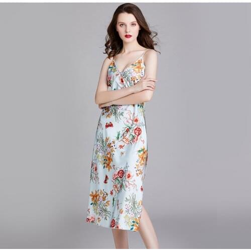 V-Neck Womens Summer Silk Nightdress Backless Medium-length Dress Sexy Sleepwear Mid-Calf Sleeveless Night Dress New Style