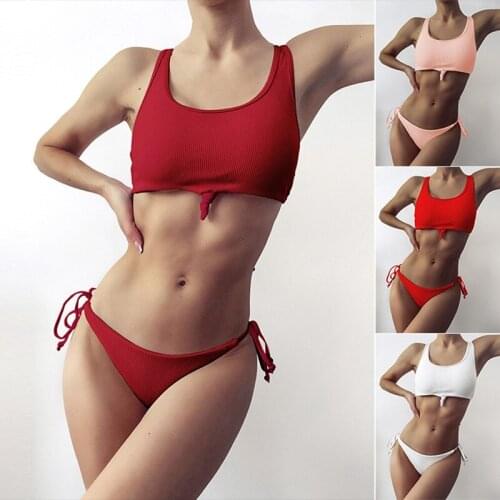 Solid Push Up Bikini Thong Swimwear Women Top Wrap Swimsuit Female Sexy Knotted Biquini New Bathing Suit