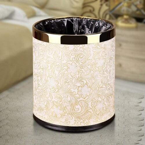 Creative Waste Bin Garbage Pail Retro PU Leather Wastebasket Metal Double Open Up Round Trash Can Storage Bucket