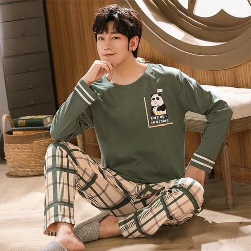 Mens Winter Warm Pajamas 100% Cotton Sleepwear Home Wear Cartoon Panda Print Pajama Male Casual Long Sleeve Plus Size Sets Suit