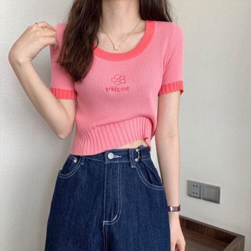 Woman TShirts Pink Short Sleeve Sleeve 2021 Spring Knitted Womens High Waist Top Crop Top Mujer Camisetas