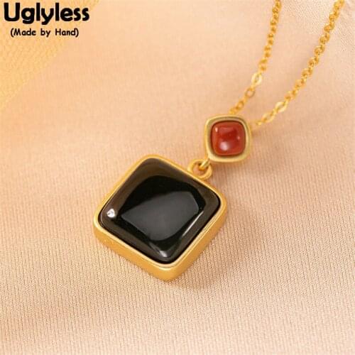 Uglyless Geometric Simple Square Gemstones Necklaces for Women Gold Surface Jade Agate Pendants Necklaces + Chains 925 Silver