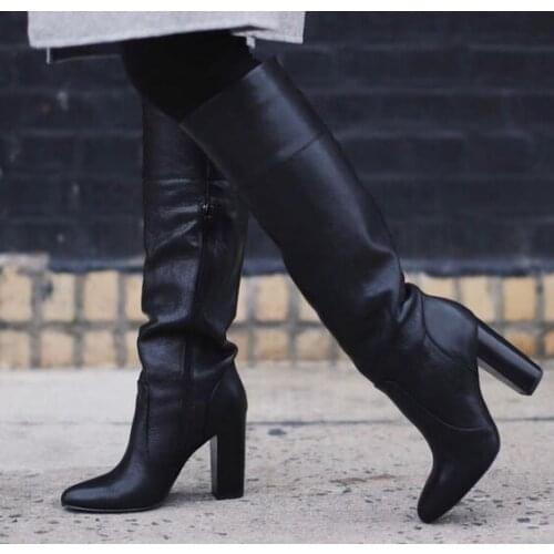 2021 Woman Black Brown Matte Leather Wide Calf High Block Heels Long Boots Customized Runway Fashion Ladies Knee High Boots