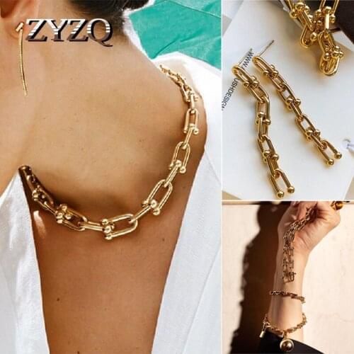 ZYZQ Female Hip Hop Harajuku Style Chain Necklace Jewelry Set U-Shaped Horseshoe Buckle Chain Adjustable Bracelet For Women Gift