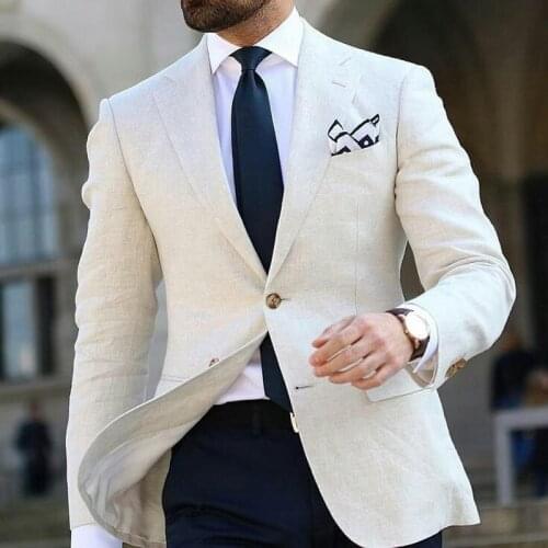 2020 Custom Beige Linen Men Suits Blazers Groom Wedding Tuxedos Slim Fit Bridegroom Wear 2 Piece Coat Trousers Terno Masculino
