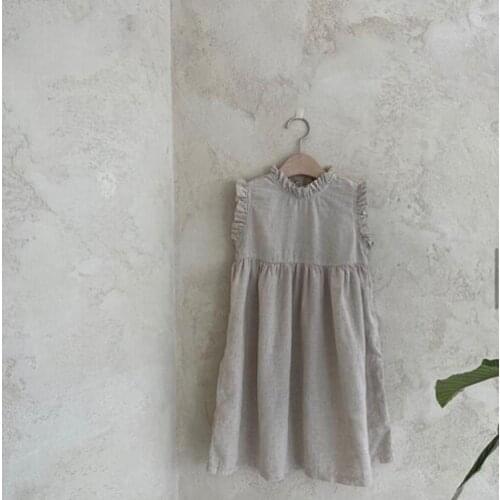 2021 Korea style girls ruffles dress fashion cotton linen summer girls dresses