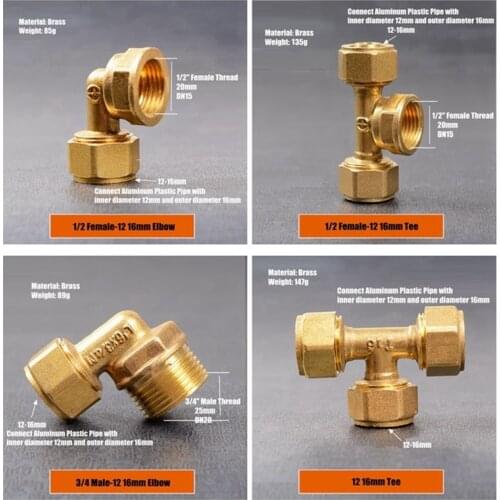 3pcs 1/2" 3/4" Female/Male Thread To 12 16mm Elbow/Tee Aluminum-Plastic Tube Copper/Brass Joint Gas Solar Heater Pipe Connector