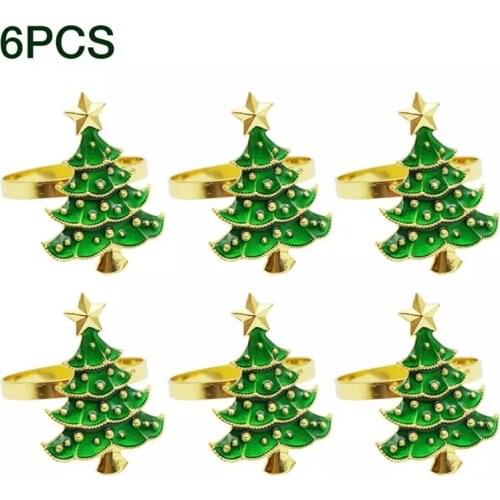 6Pcs Exquisite Christmas Tree Napkin Ring Decorative Napkin Holder Buckle Retro Rhinestone Craft For Christmas Decor-ABUX
