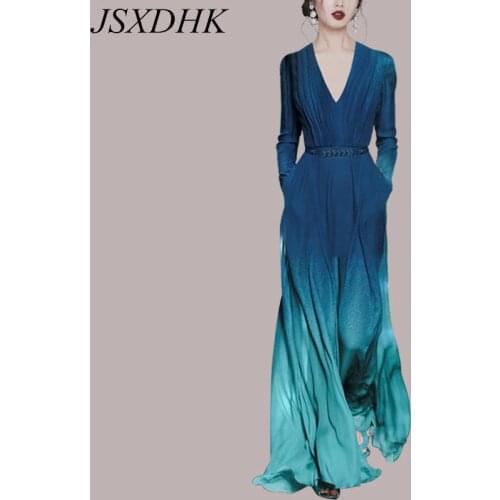 JSXDHK Runway Elegant Summer Long Dress Fashion Goddess Womens V Neck Gradient Color Blue Chiffon Maxi Party Dresses With Belt