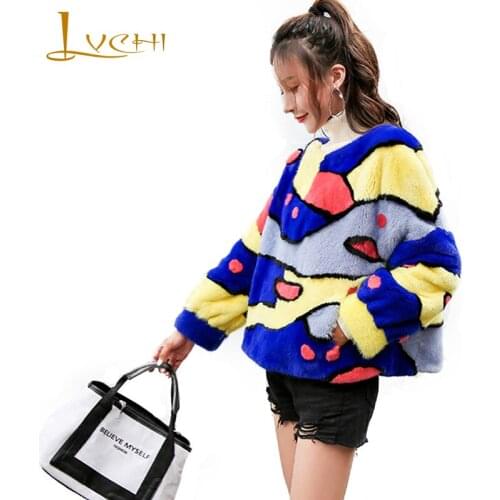 LVCHI Winter 2019 Womens Mink Coat Natural Fur Long Sleeve Mink Coat Contrast Color Patchwork Imported Mink Fur Hedging Coat