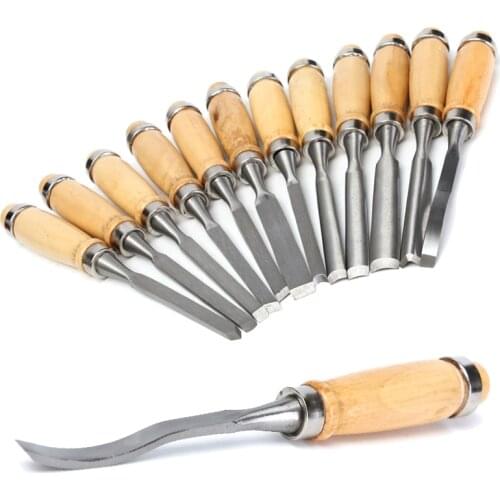 New Hand Tool Set 12Pcs Professional Wood Carving Chisel Tool Alloy Steel Blades With Wooden Handles For Carpenter Woodworking
