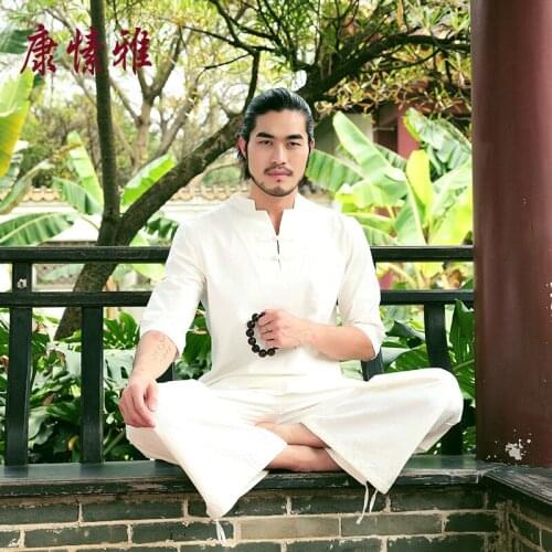Cotton Linen Meditation Yoga Clothes Mens Tai Ji Ju Shi Meditation Clothes Tea Ceremony Retro Style Martial Arts Sets