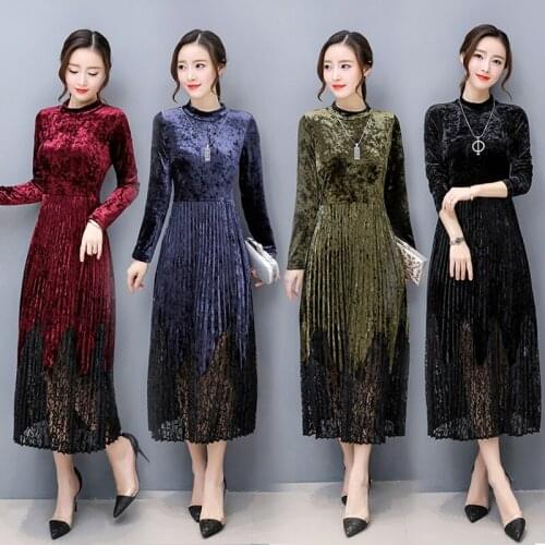 2019 Autumn Winter Party Dress Women Elegant Bodycon Dresses Vintage Long Sleeves Velvet Casual Pleated Dress Female Vestidos