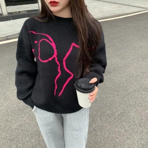 Korobov Autumn Winter Sweaters Korean Vintage Cartoon Knitted Pullovers Japanese Sweet O Neck Long Sleeve Oversize Sueter Mujer