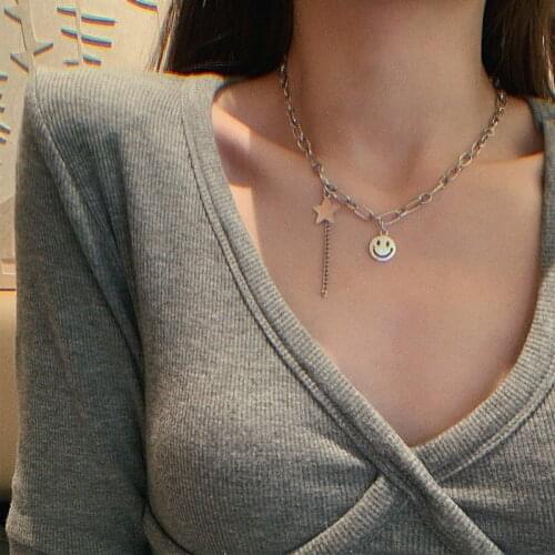 Punk Sliver Color Happy Smiling Face Pendant necklace Hip Hop Necklace For Women Men Fashion Choker Jewelry