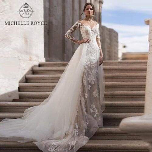 Michelle Royce 2 In 1 Wedding Dresses 2020 Sexy V-neck Appliques Illusion Button Detachable Train Wedding Gowns Vestido De Noiva