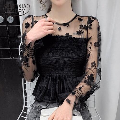 Sexy Lace Bottoming Blouse Women Spring New Puff Sleeve Black Mesh Short Tops Velvet Waist Skinny Shirts Fashion Blusas 12771