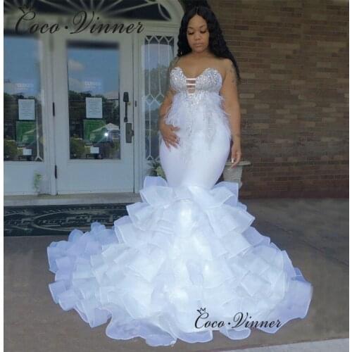 Sery V neck Organza Ruched Mermaid Wedding Dress 2021 New Sequin Beaded With Feathers Appliques White Wedding Gown Women W0849