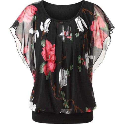 Stylish Women Short Batwing Sleeve O Neck Floral Print Loose Blouse T-shirt