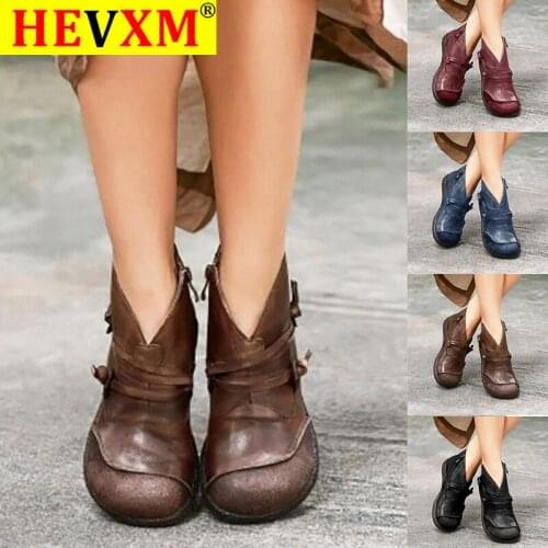 Ankle Boots Women Retro Soft PU Leather Flats Shoes Casual Buckle Zipper Round Toe Short Boots New 2020 Autumn Winter Boots Girl