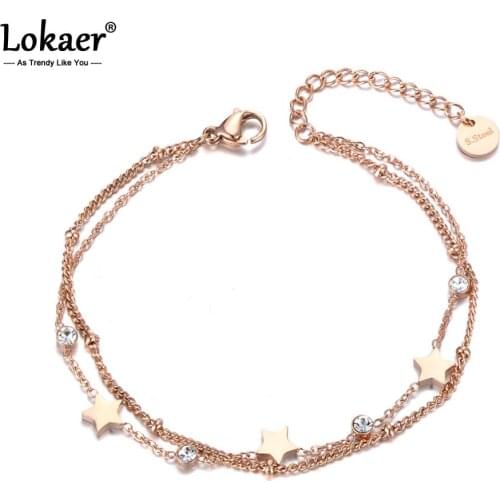 Lokaer Double Layers CZ Ctystal Star Charm Bracelet Bangle For Women Stainless Steel Bohemia Chain Link Bracelets Jewelry B19080