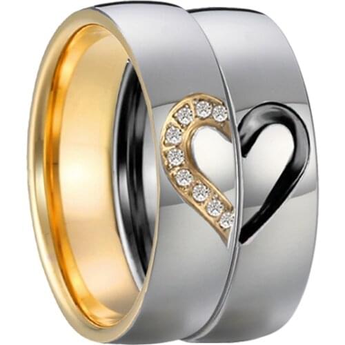 1 Pair Love Alliance shiny gold plated heart shaped wedding rings bridal set for couple ladies valentine promise proposal ring